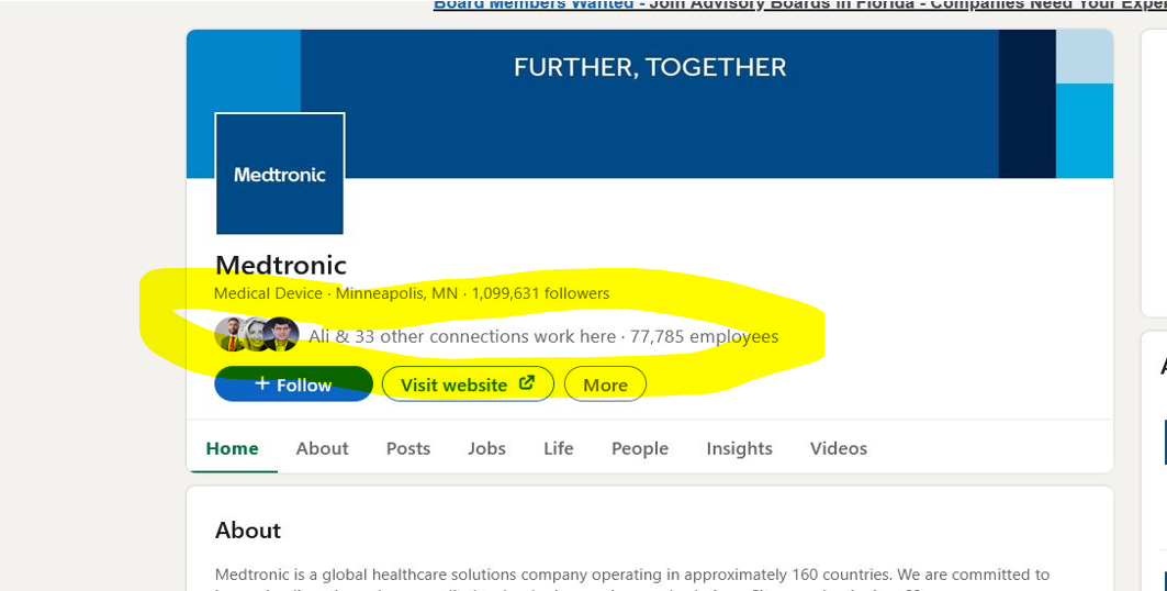 Medtronic’s company page on LinkedIn