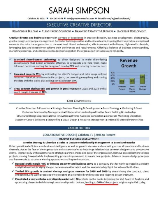 Executive Resume Example Listing Quantifiable Achievements 542x722 