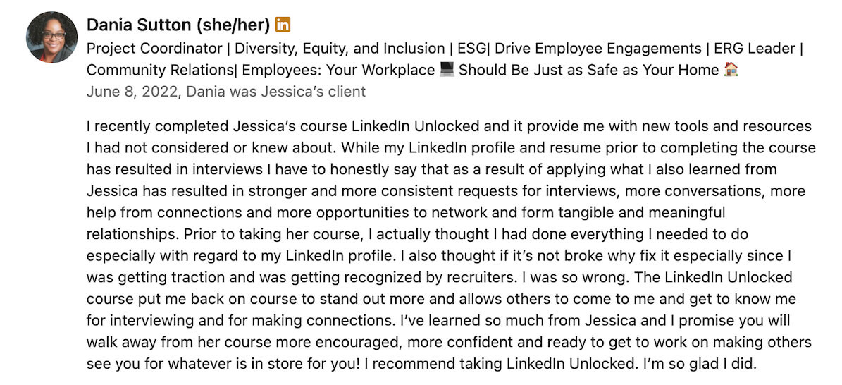 Great Resumes Fast LinkedIn job search course testimonial_Dania Sutton LinkedIn job search course testimonial