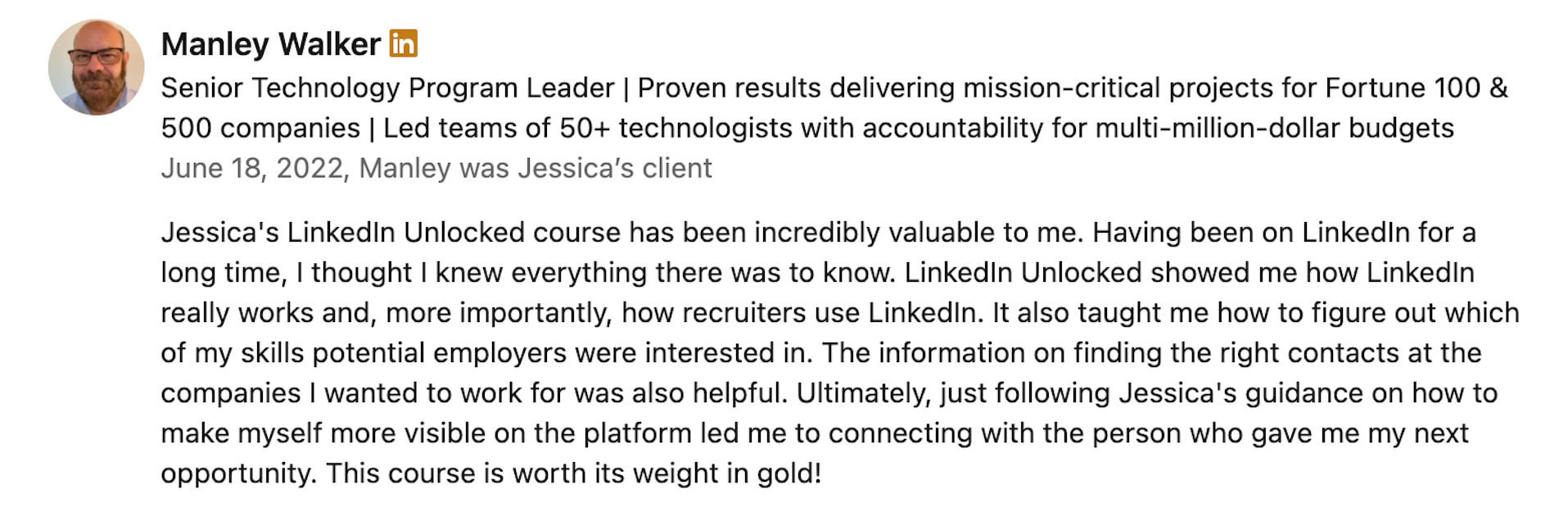 Great Resumes Fast LinkedIn job search course testimonial_Manley Walker LinkedIn job search course testimonial