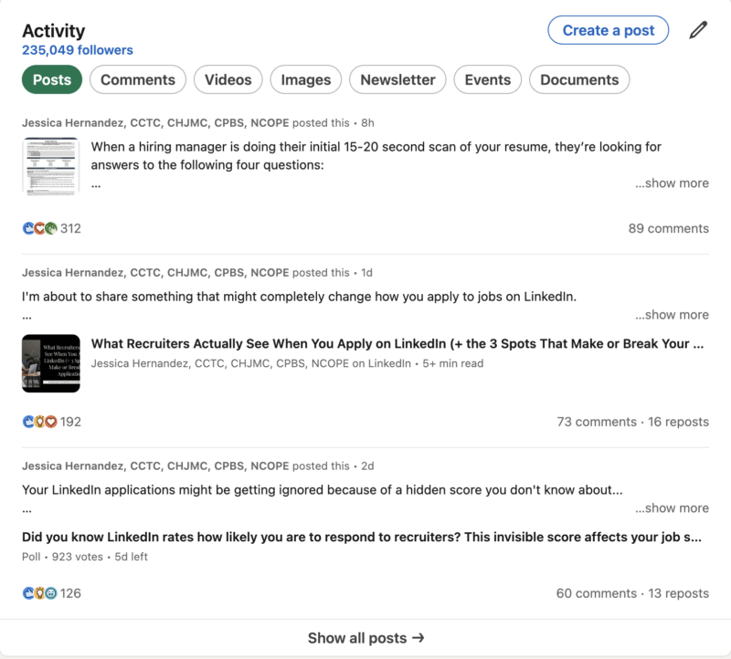 LinkedIn activity section - How to Attract Recruiters and Double Your Interviews on LinkedIn in Only 15 Minutes A Day